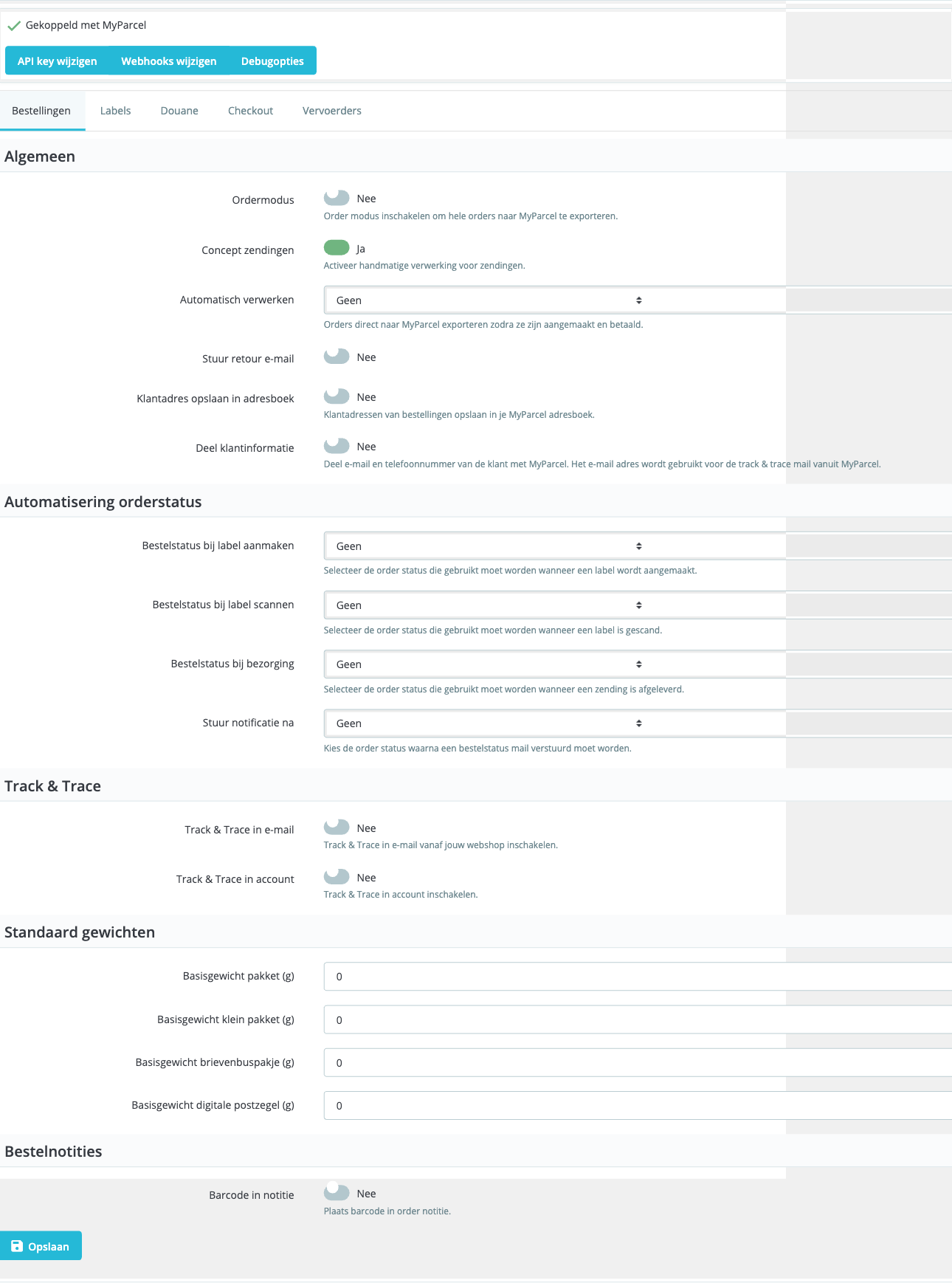 Orders tab: General, Order status automation, Track & Trace, Default weights, Order notes.
