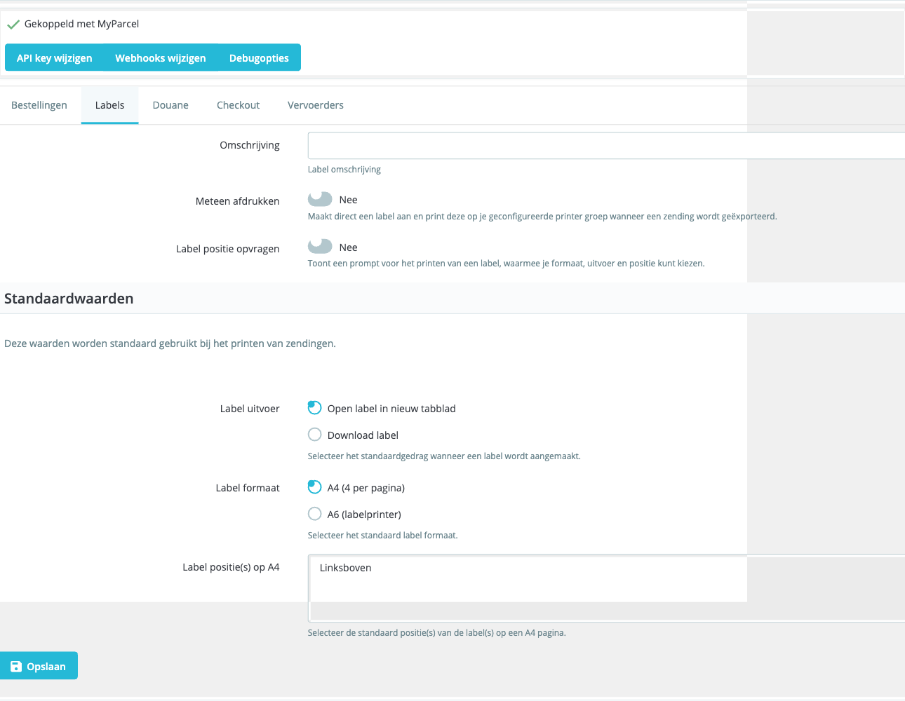 Labels tab: Description, Print immediately, Ask label position and Defaults.