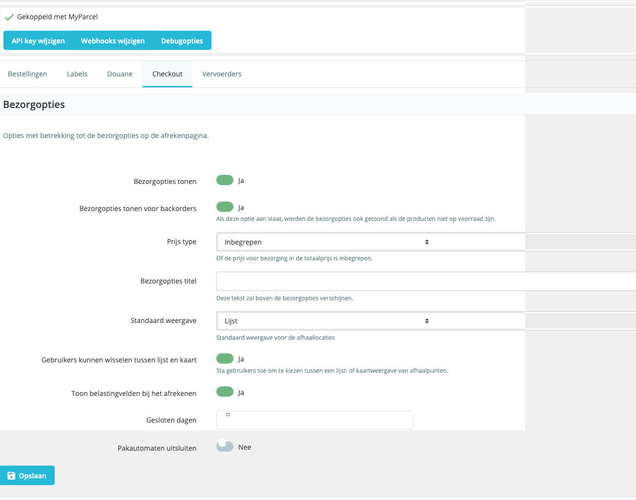 Checkout tab: Delivery options, Price type, Default view, Closed days, Exclude parcel lockers.