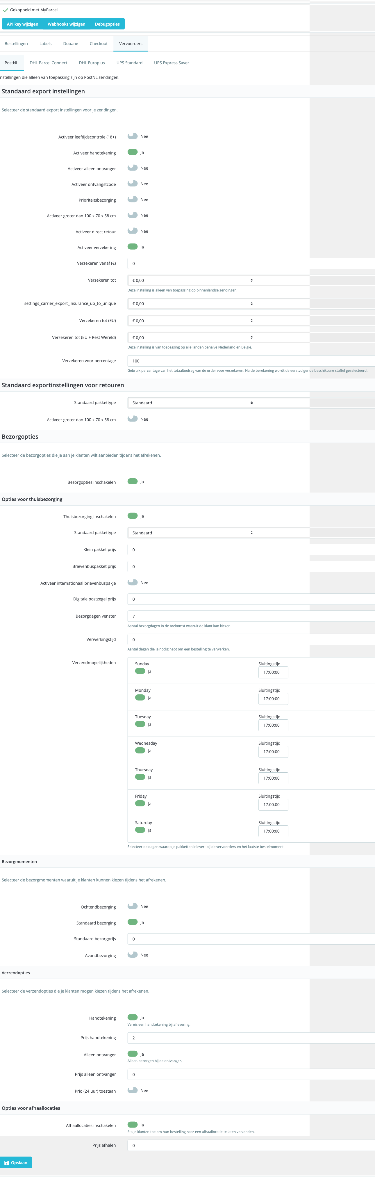 Full PostNL settings — Default export, Insurance, Delivery options, Home delivery, Pickup locations.