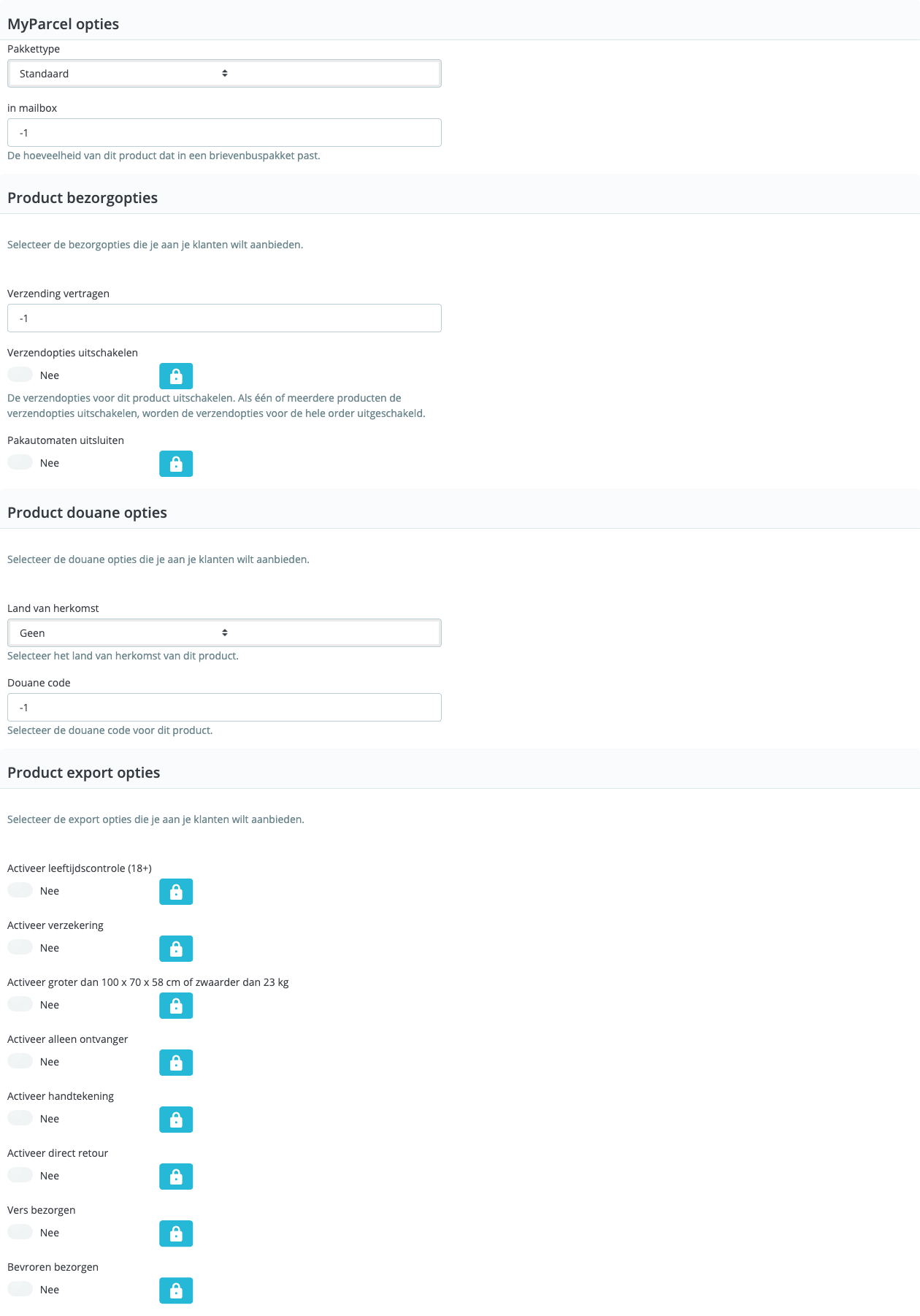 Product page: MyParcel options, Product delivery options, Product customs options, Product export options.