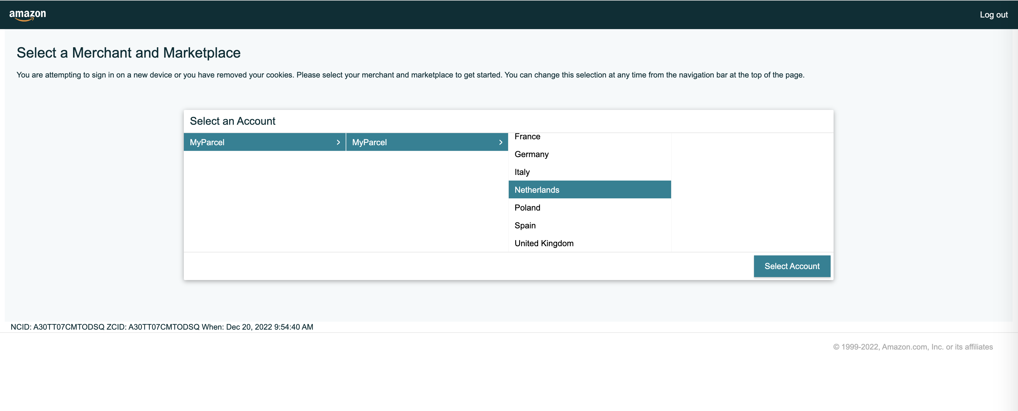 Amazon-dashboard met verkooplanden-keuze (NL, DE, ES, IT, UK, FR).