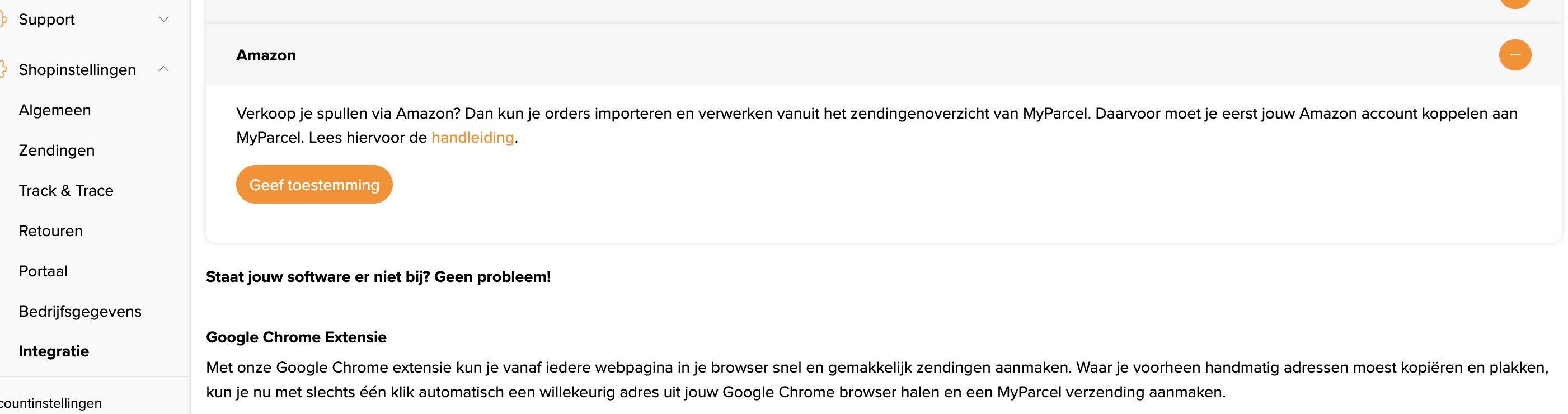 MyParcel-backoffice Shopinstellingen → Integratie met Amazon-blok en Geef toestemming-knop.