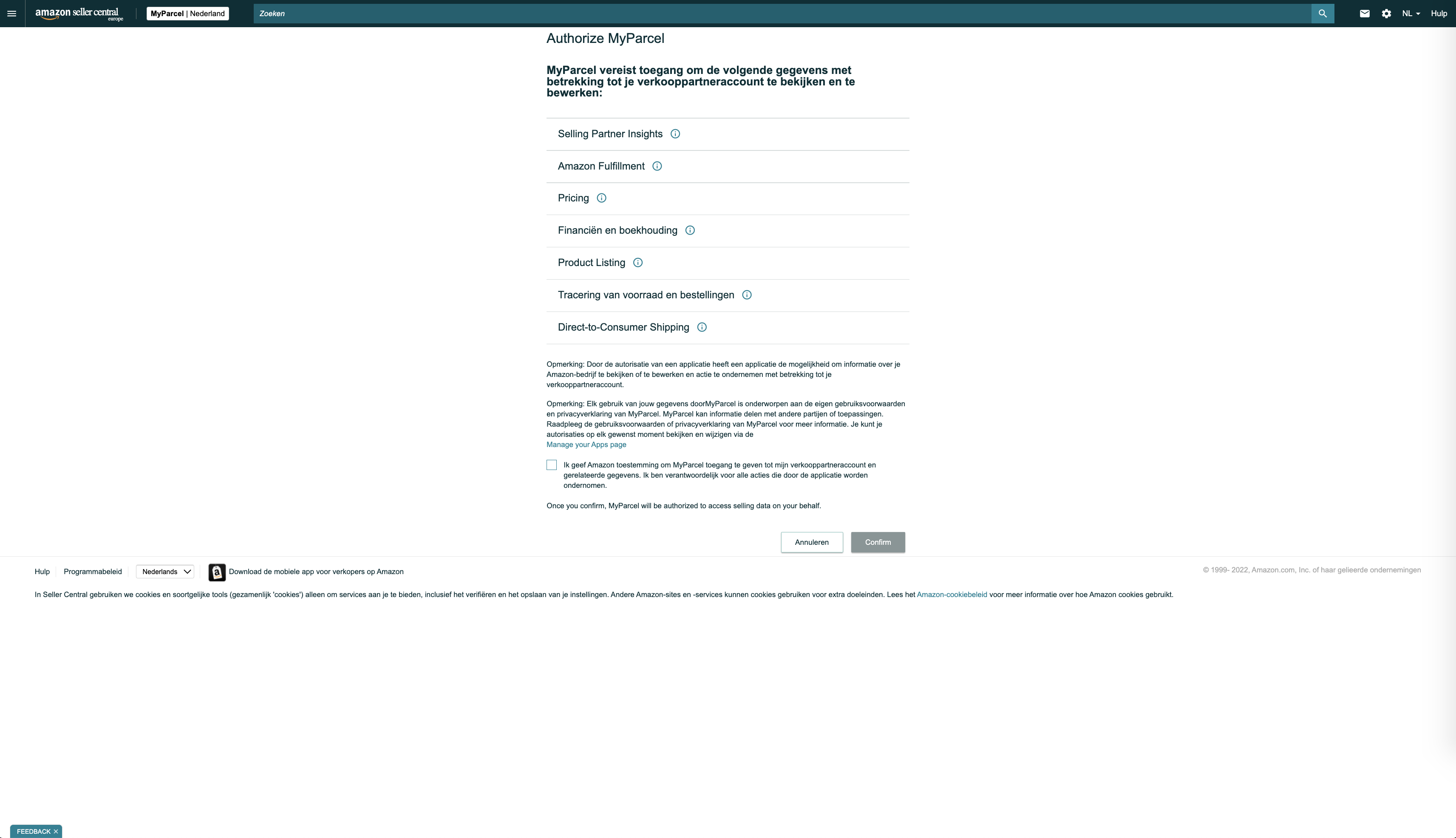 Amazon-toestemmingsscherm met de melding dat MyParcel aan de strikte privacy-eisen voldoet.