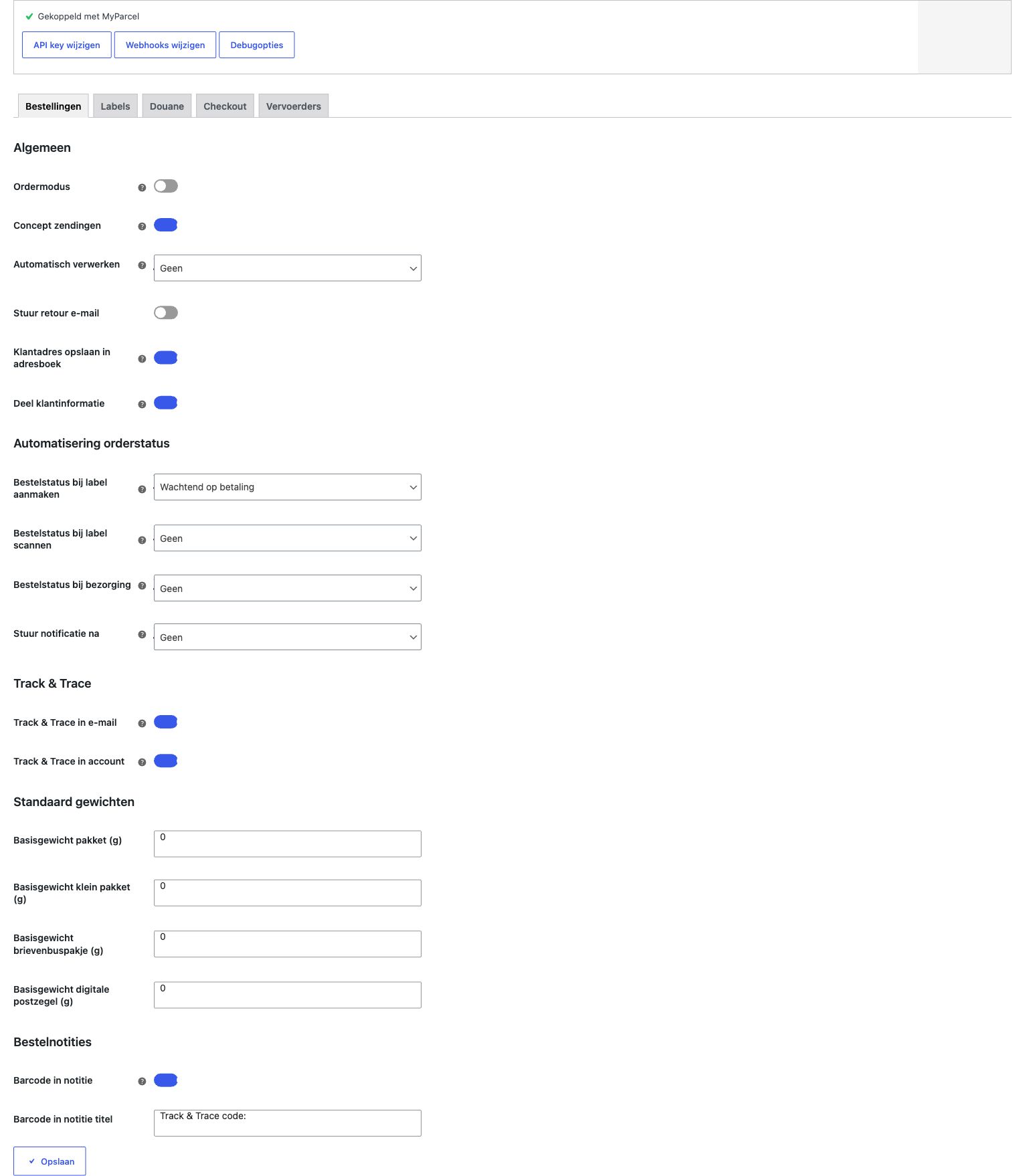 Orders tab: General, Order status automation, Track & Trace, Default weights, Order notes.